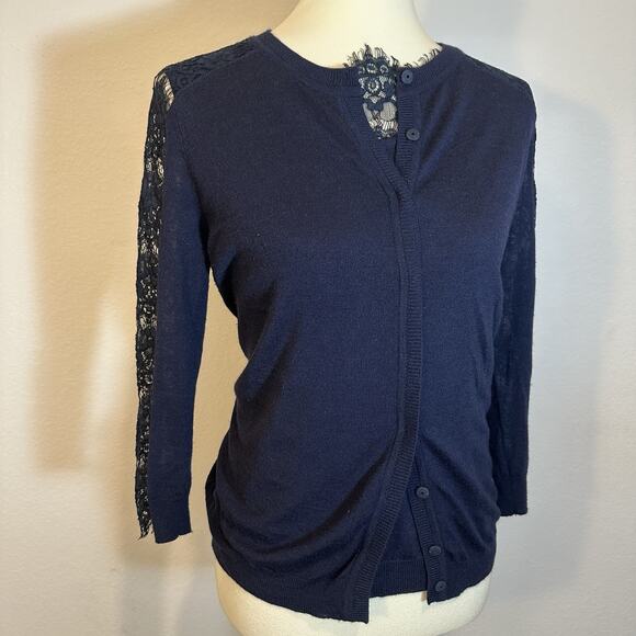 Les Copains Navy Blue Wool Cashmere Knit Cardigan Set Lace Sweater Old Money Top - Picture 3 of 11
